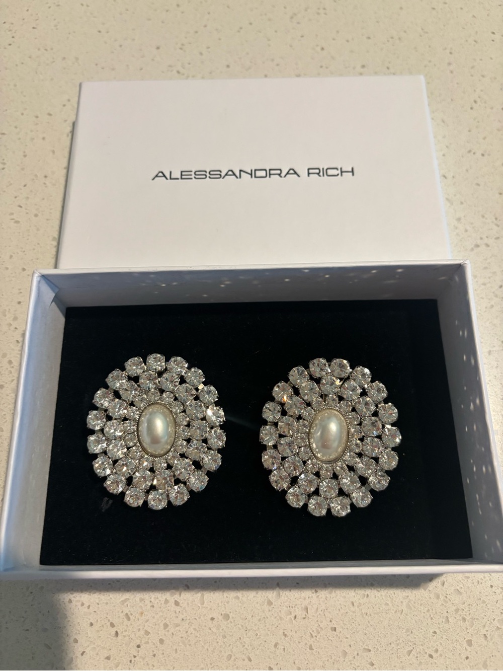 Alessandra Rich Silver Crystal and Pearl Oval Cluster Earrings